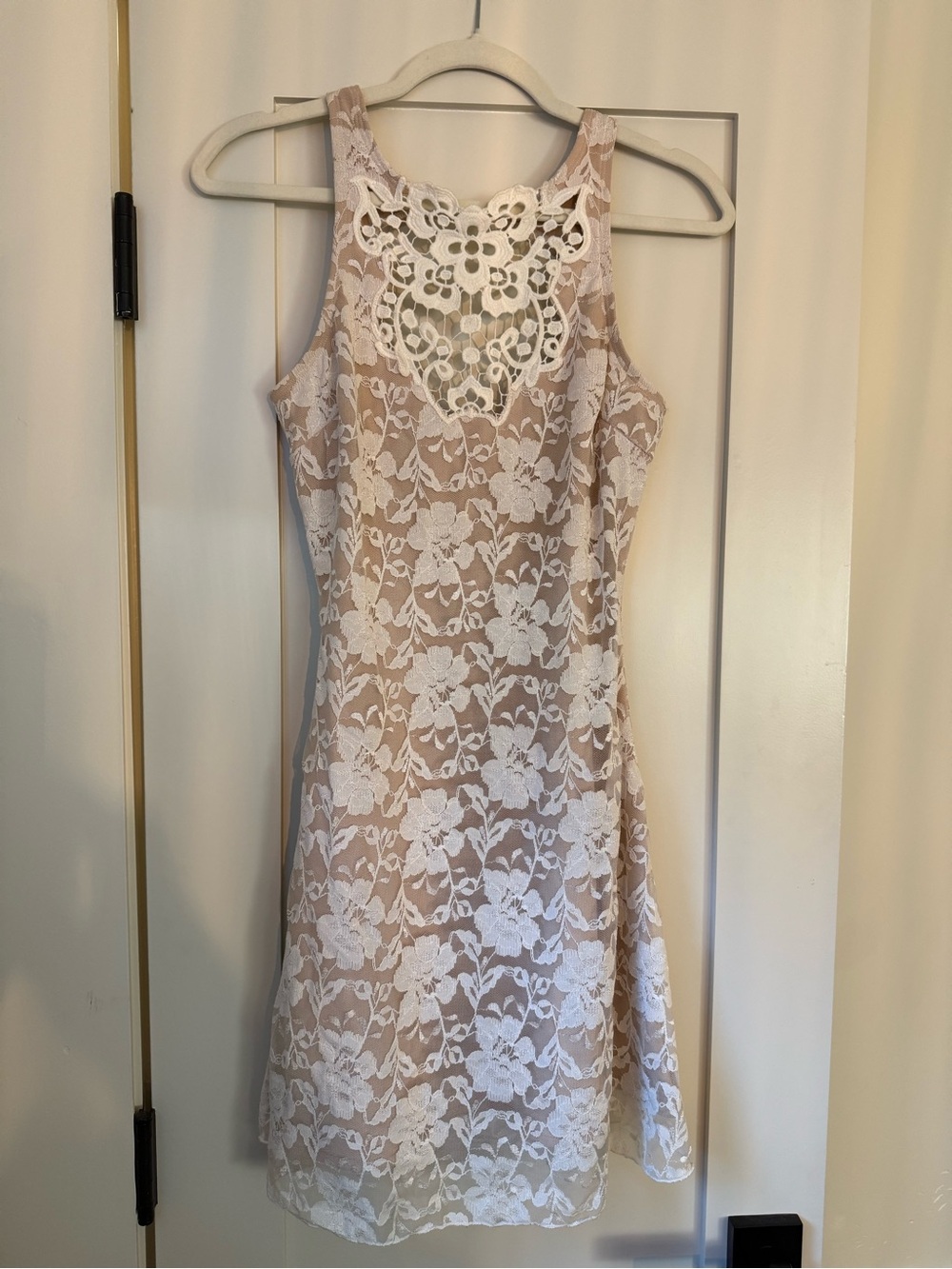 Dress the Population Cream and Tan Crochet-Style Mini Dress